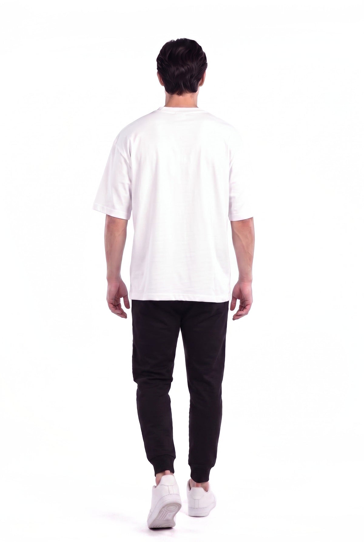 Men's Oversized Cotton Gym T-Shirt in White, back view on male model, Ascendia
