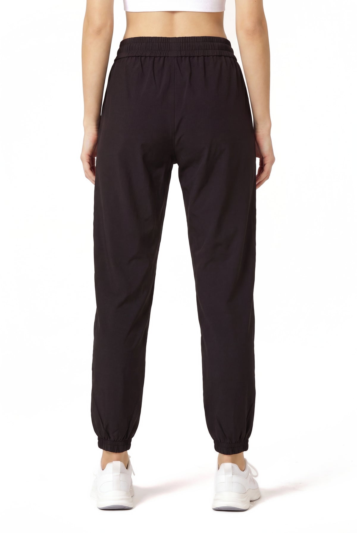 Women's Casual Joggers in Black, back view showing the elasticated ankle cuffs, Ascendia