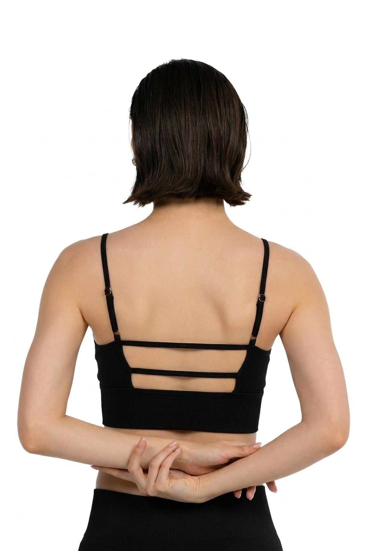Ribbed Longline Bra in Black, back view showing the open back with strap details, Ascendia