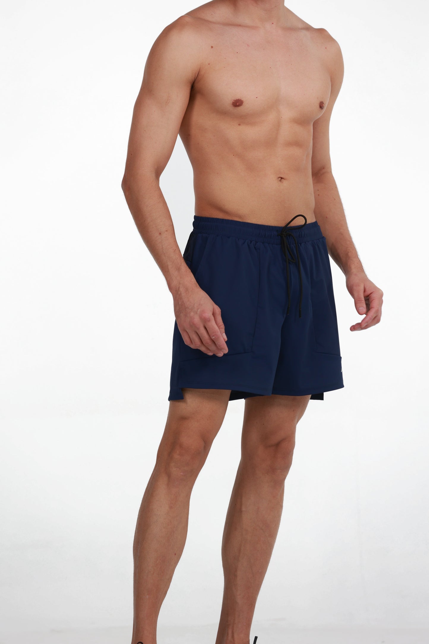Loose Fit Running Shorts - navy blue, side view showing inner liner, Ascendia