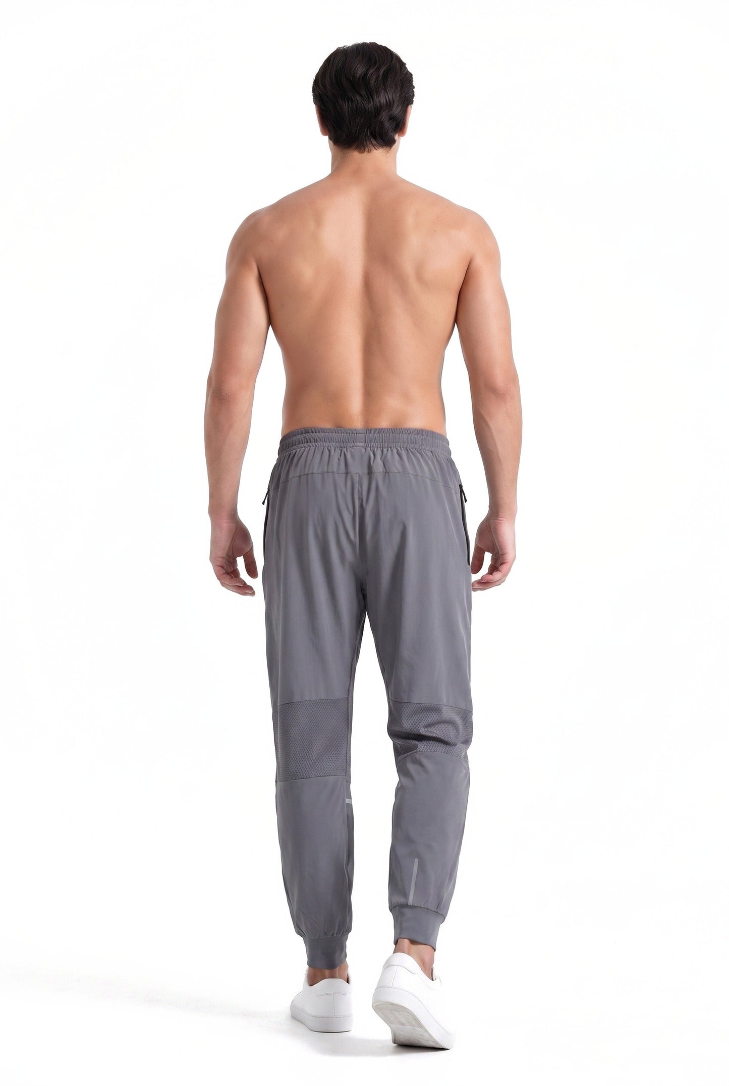 Men's Running Track Pants in Dark Grey, back view on male model, Ascendia
