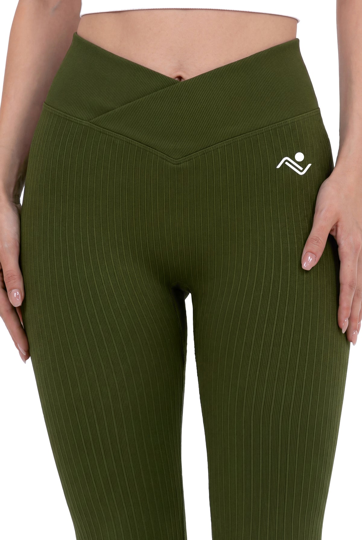 Crossed Waist Leggings in Olive, close view of the crossed V waistband and the Ascendia logo on the hip, Ascendia