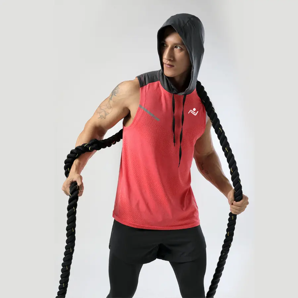 Model wearing the Sleeveless Hoodie during workout. - ascendiastore