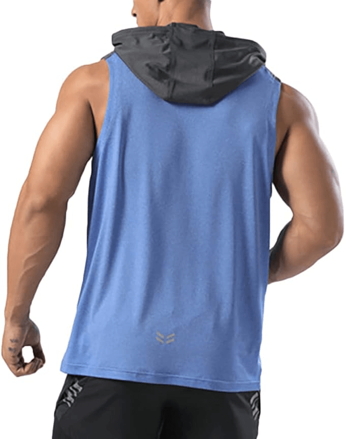 Rear view of sleeveless hoodie in blue - ascendiastore