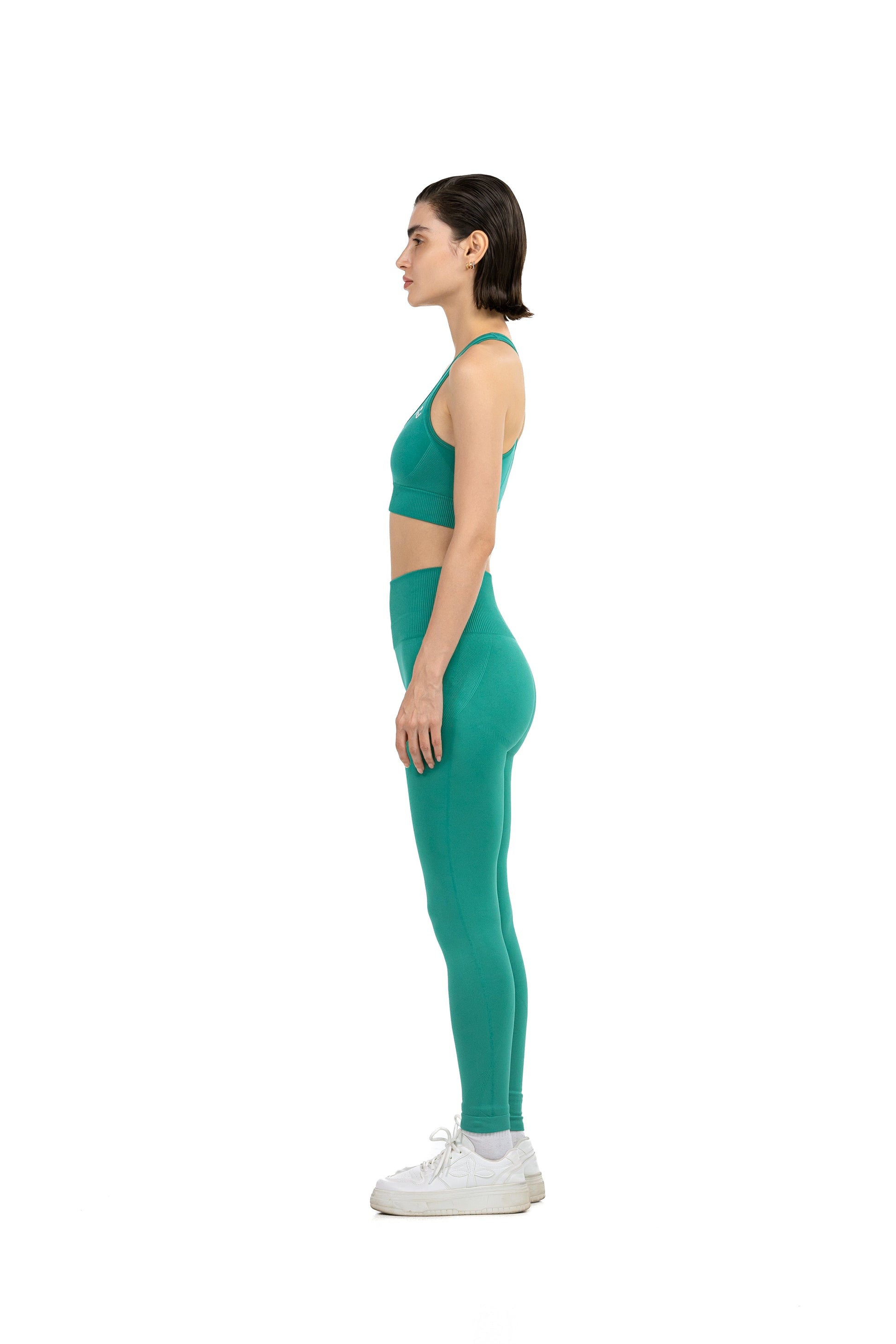 Yoga Flex Sports Bra Set in Emerald, side profile view, Ascendia