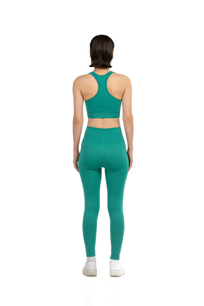 Yoga Flex Sports Bra Set in Emerald, full-length back view showing the racerback, Ascendia