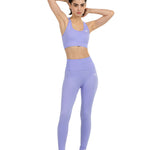Yoga Flex Sports Bra Set in Lavender, full-length front view with arms raised behind the head, Ascendia