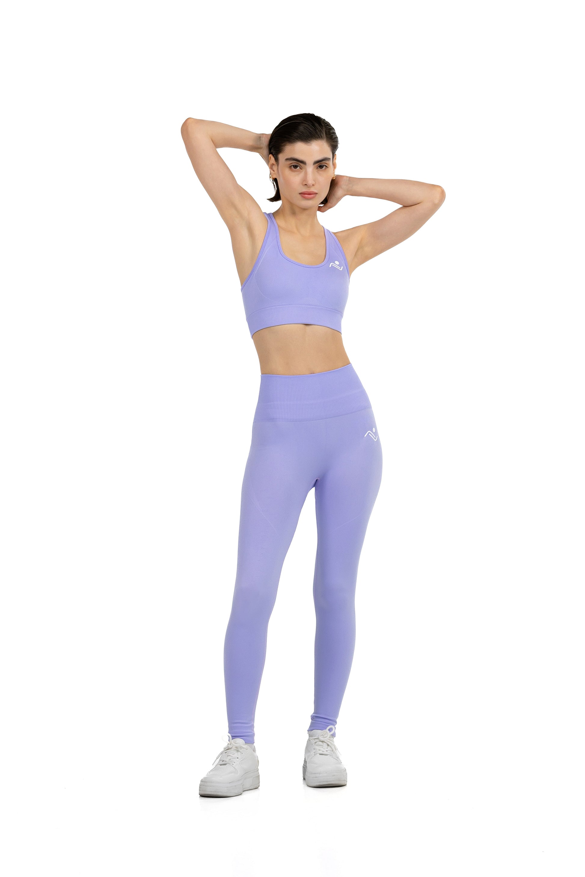 Yoga Flex Sports Bra Set in Lavender, full-length front view with arms raised behind the head, Ascendia