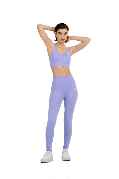 Yoga Flex Sports Bra Set in Lavender, full-length front view with arms raised behind the head, Ascendia