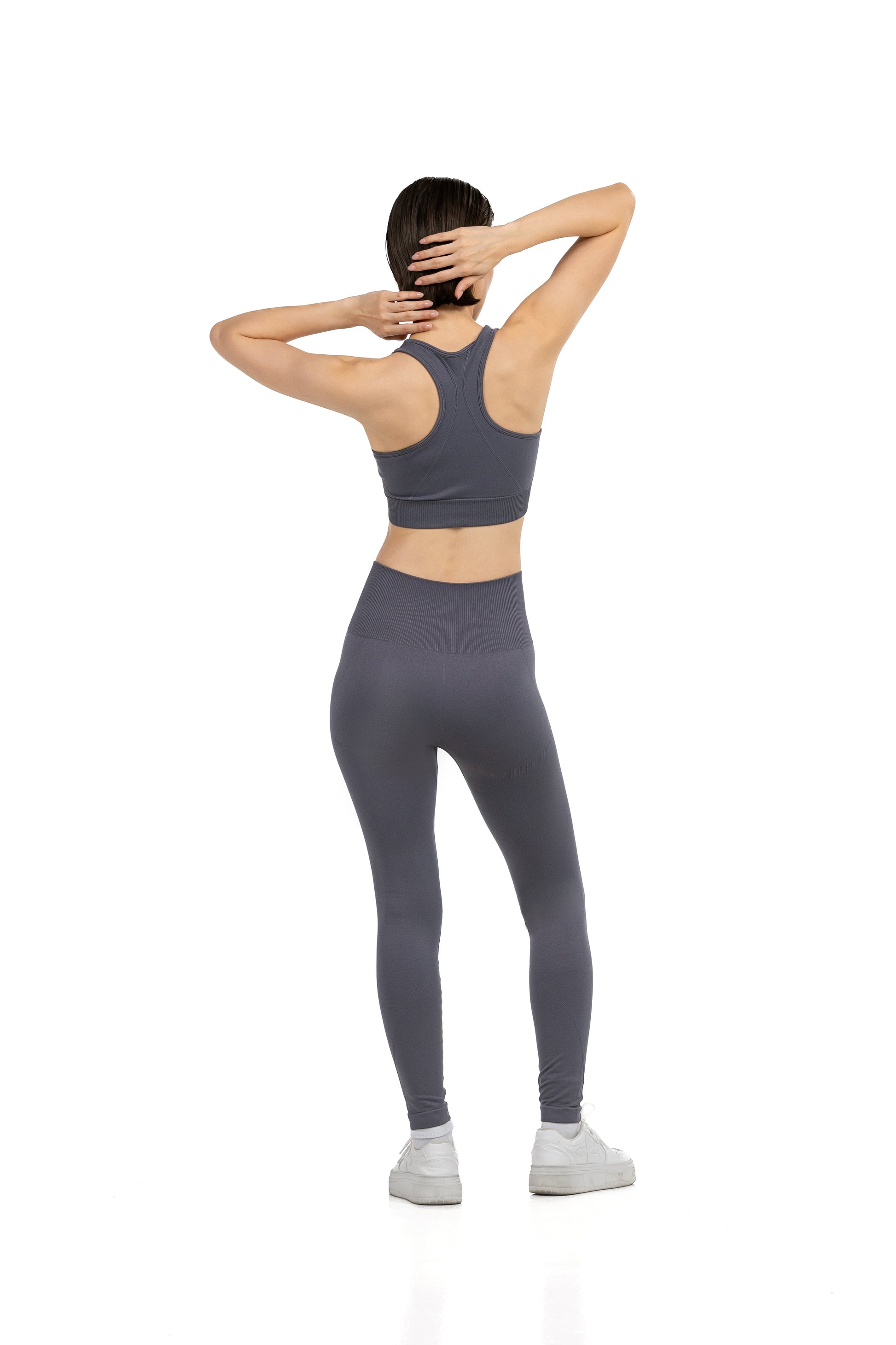 Yoga Flex Sports Bra Set in Grey, full-length back view showing the racerback strap, Ascendia