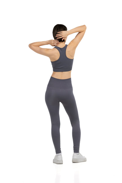Yoga Flex Sports Bra Set in Grey, full-length back view showing the racerback strap, Ascendia
