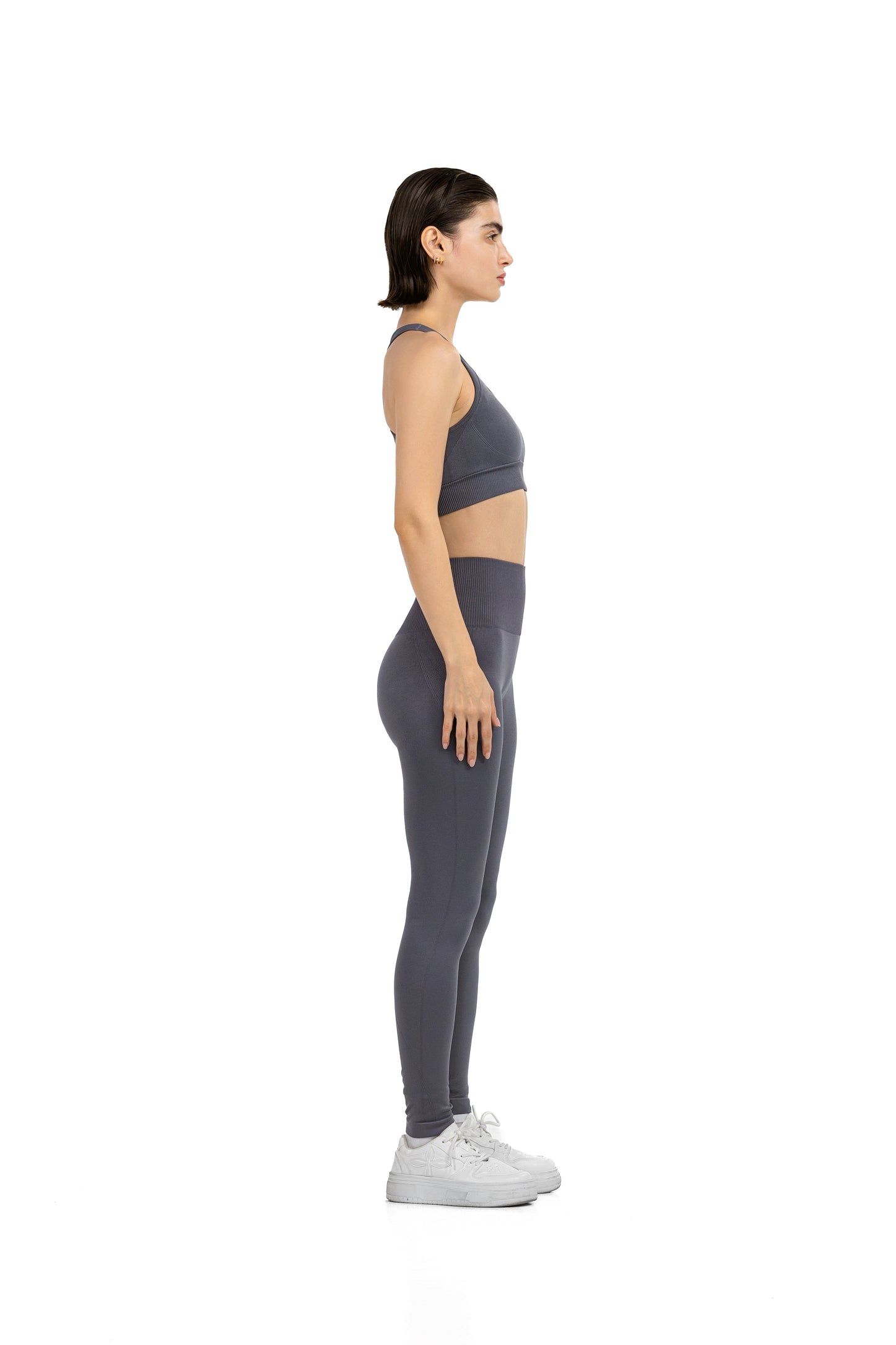 Yoga Flex Sports Bra Set in Grey, side profile view, Ascendia
