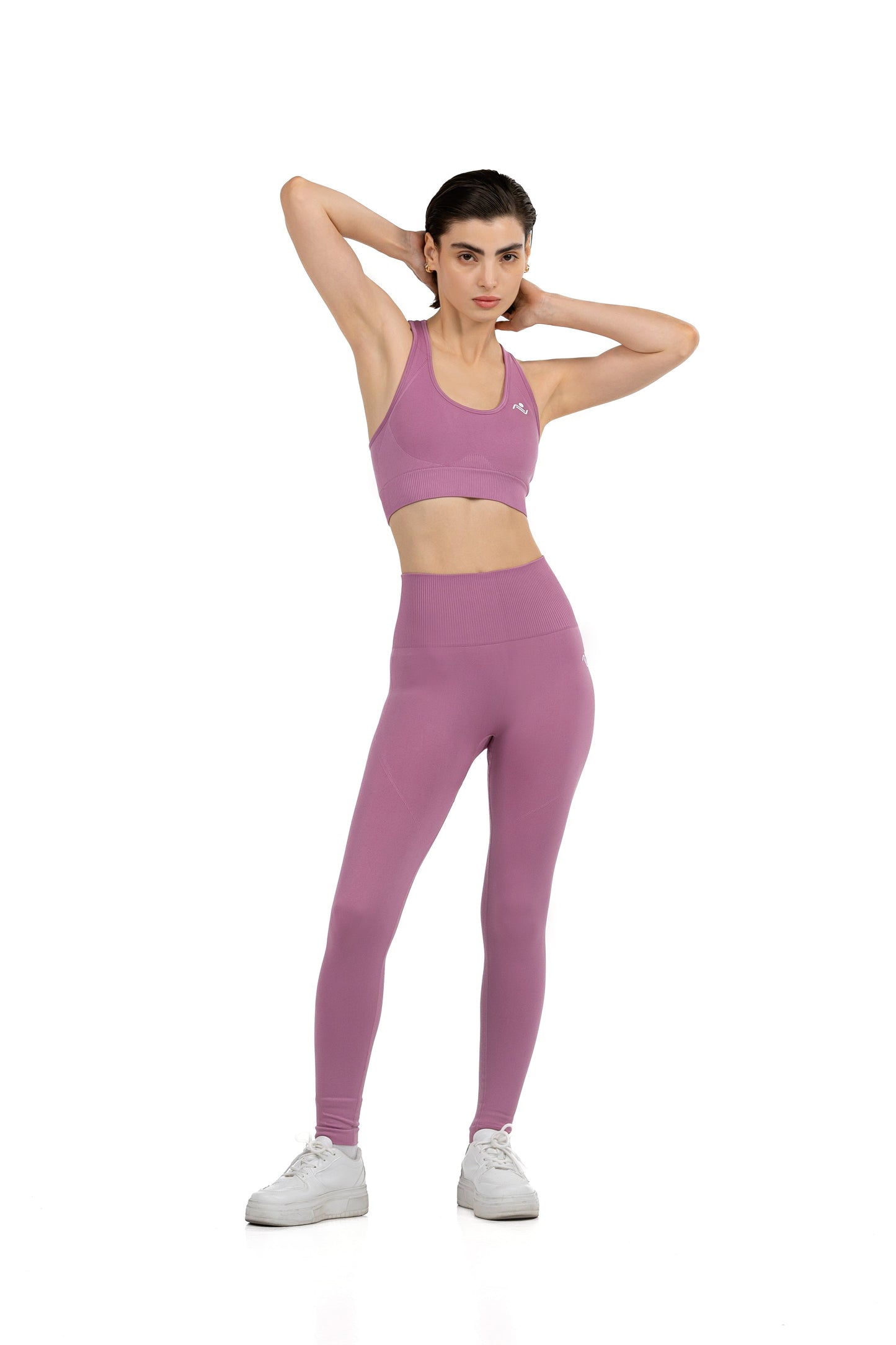 Yoga Flex Sports Bra Set in Pink, full-length front view with arms raised behind the head, Ascendia