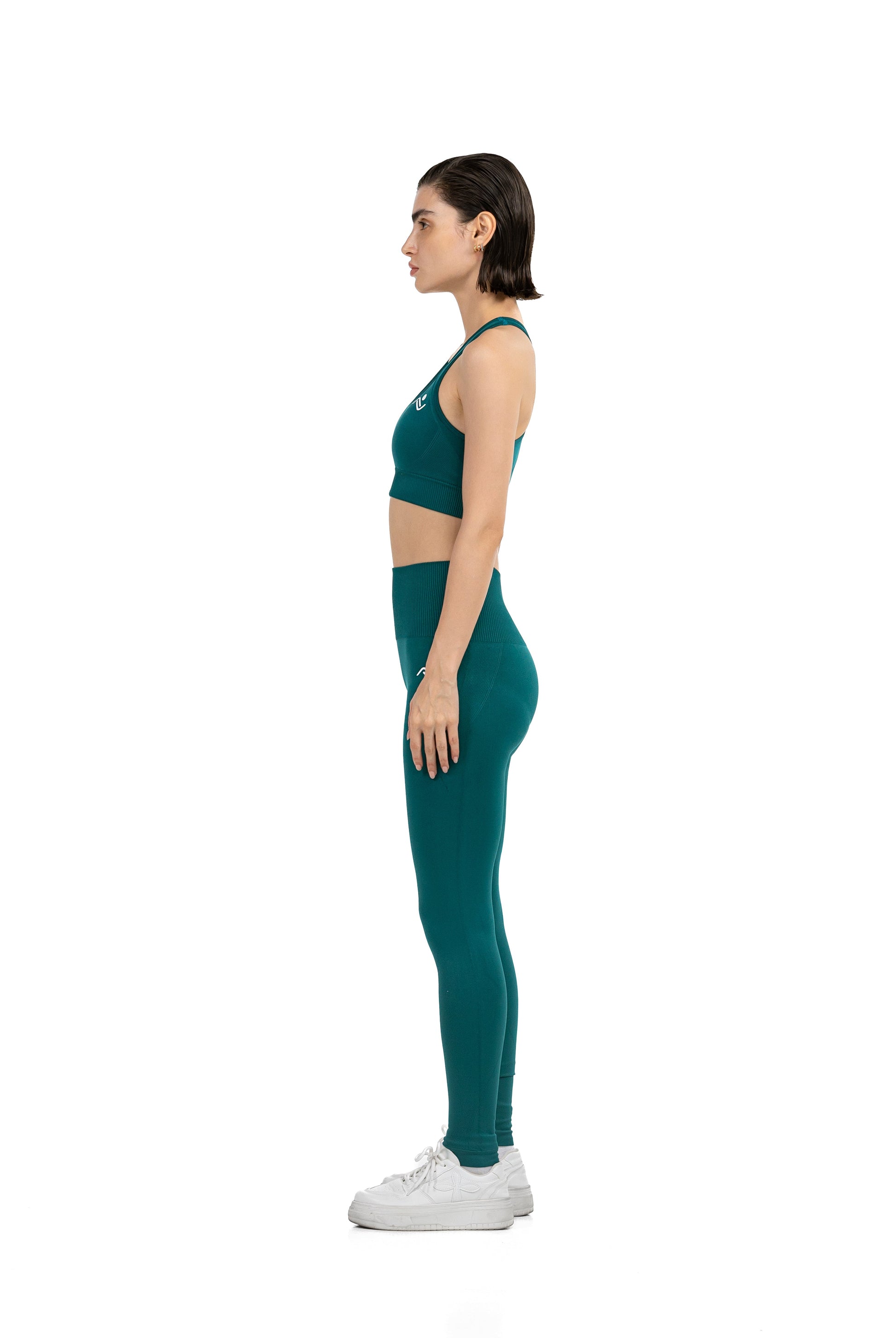 Yoga Flex Sports Bra Set in Deep Teal, full-length side view, Ascendia