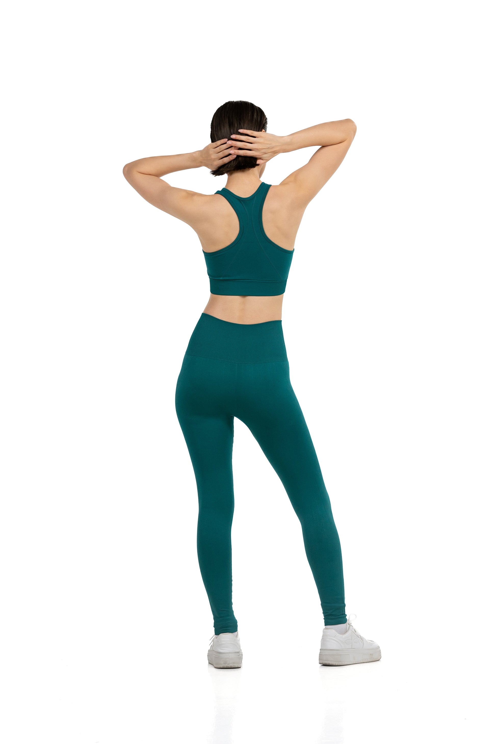Yoga Flex Sports Bra Set in Green, full-length back view showing the racerback strap, Ascendia