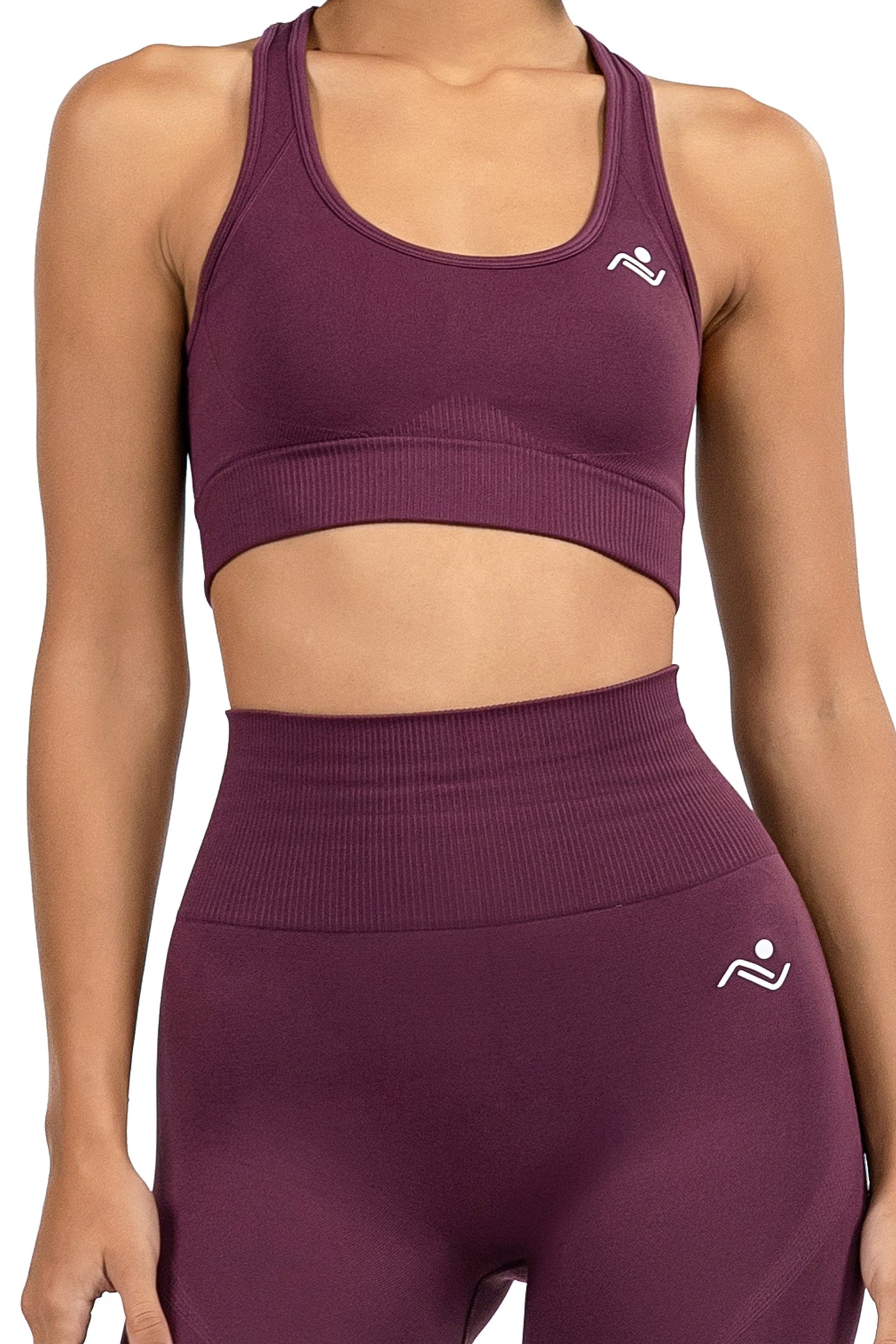 Yoga Flex Sports Bra Set in Brown, close front crop of the scoop-neck bra and ribbed waistband, Ascendia