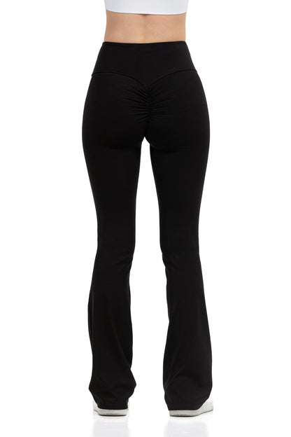 Flare Fit Yoga Pants in Black, full-length back view showing the contoured ruched seat, Ascendia