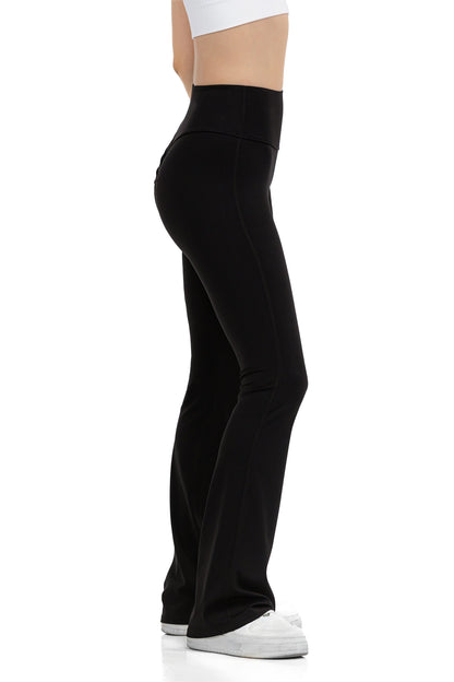 Flare Fit Yoga Pants in Black, three-quarter view showing the hip logo, Ascendia