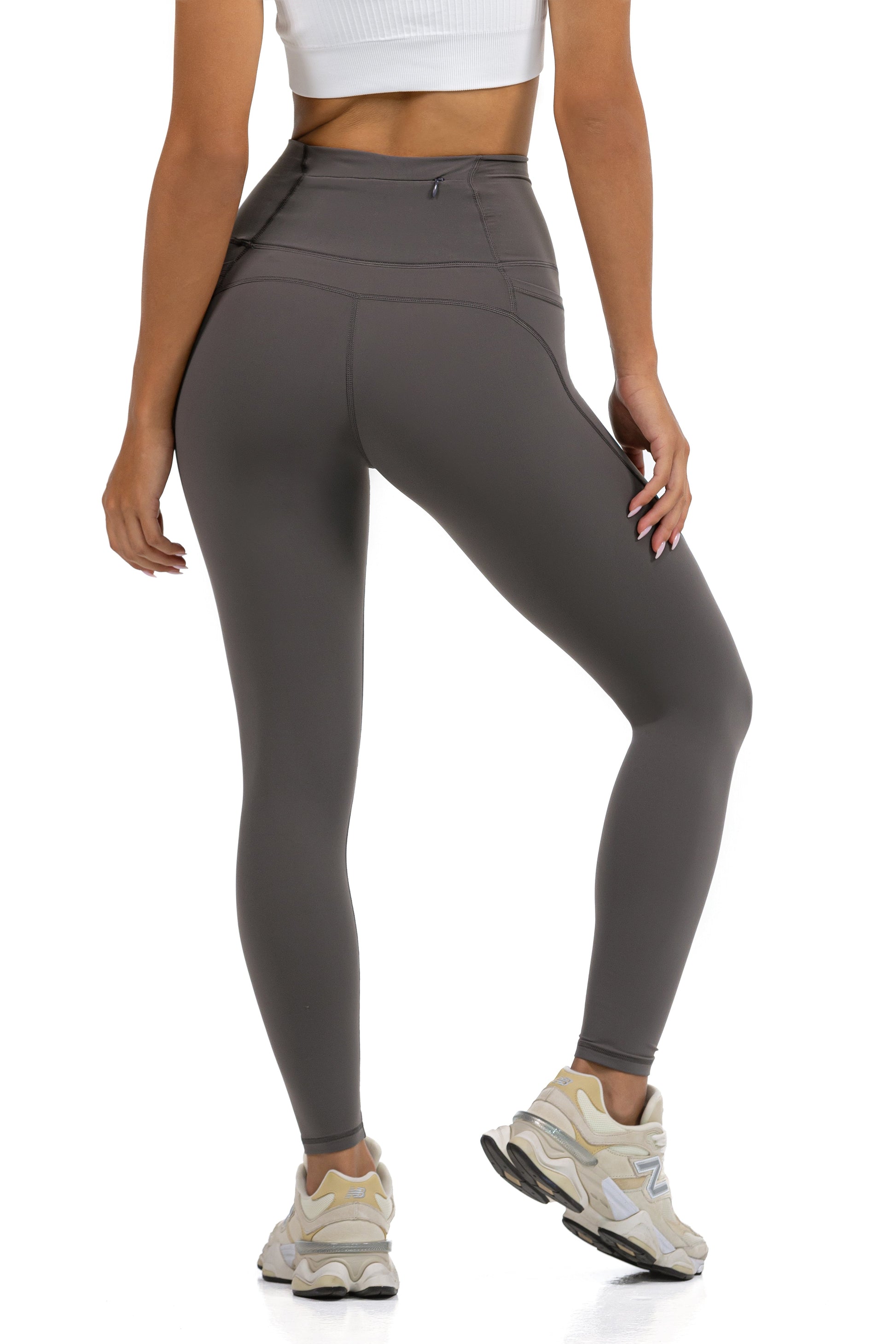 Active Fit Leggings in Grey, back view showing the seamed yoke and waistband pocket, Ascendia