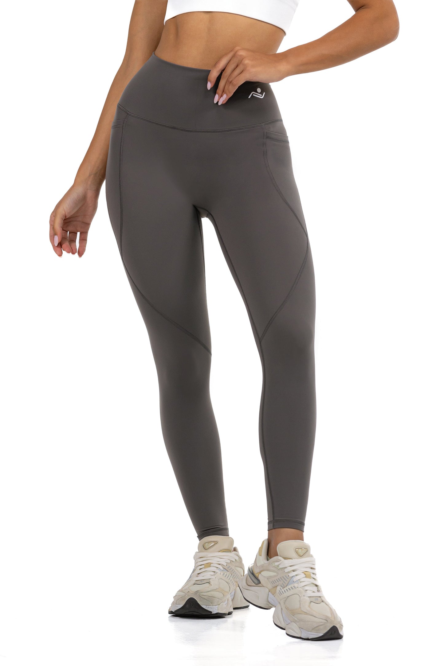 Active Fit Leggings in Grey, three-quarter front view with the hand at the waistband, Ascendia