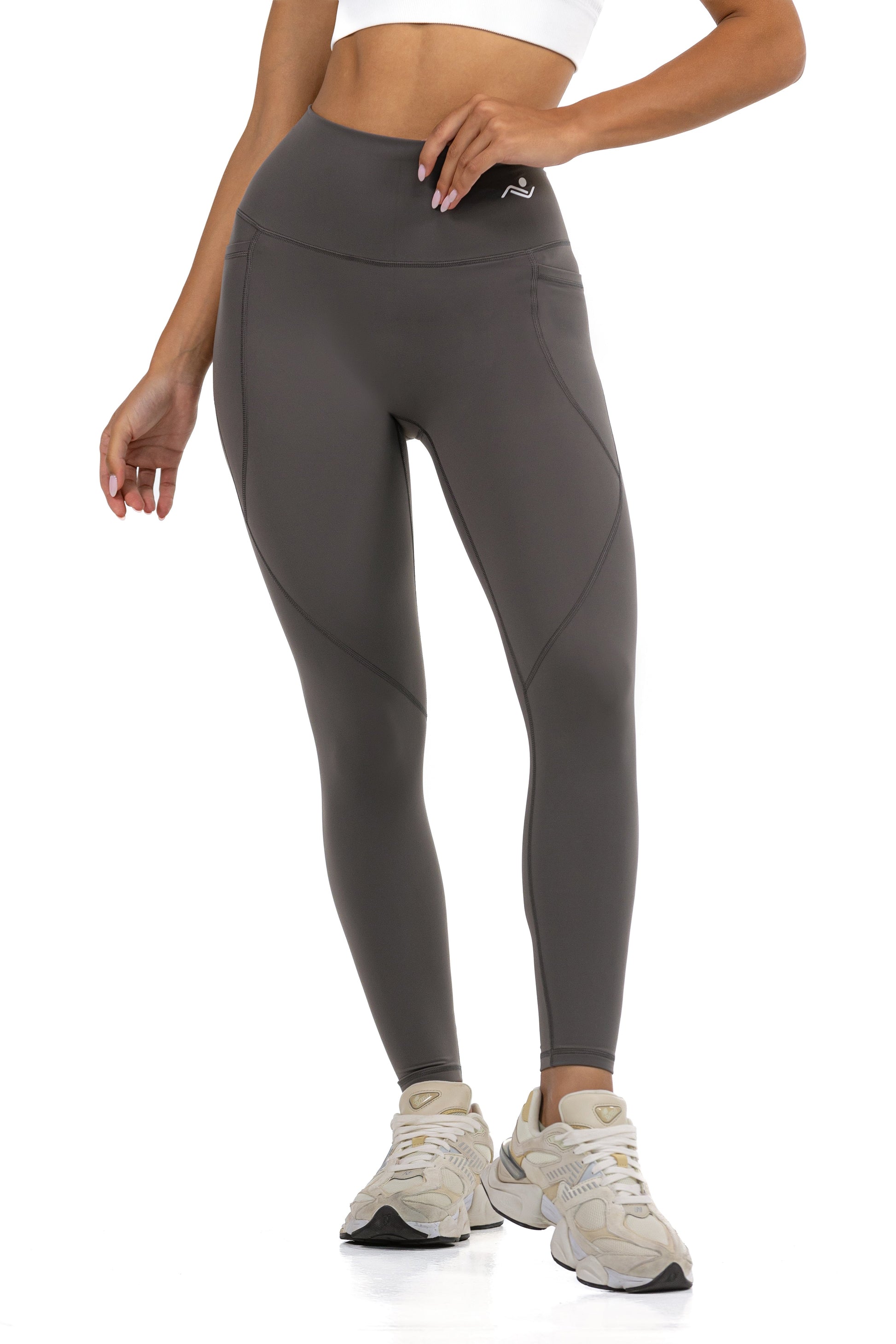 Active Fit Leggings in Grey, three-quarter front view with the hand at the waistband, Ascendia