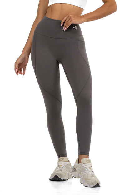 Active Fit Leggings in Grey, three-quarter front view with the hand at the waistband, Ascendia