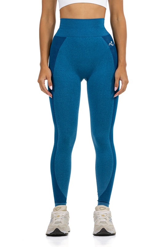 Seamless Ribbed Yoga Leggings in Blue, front view on model showing the high ribbed waistband, Ascendia