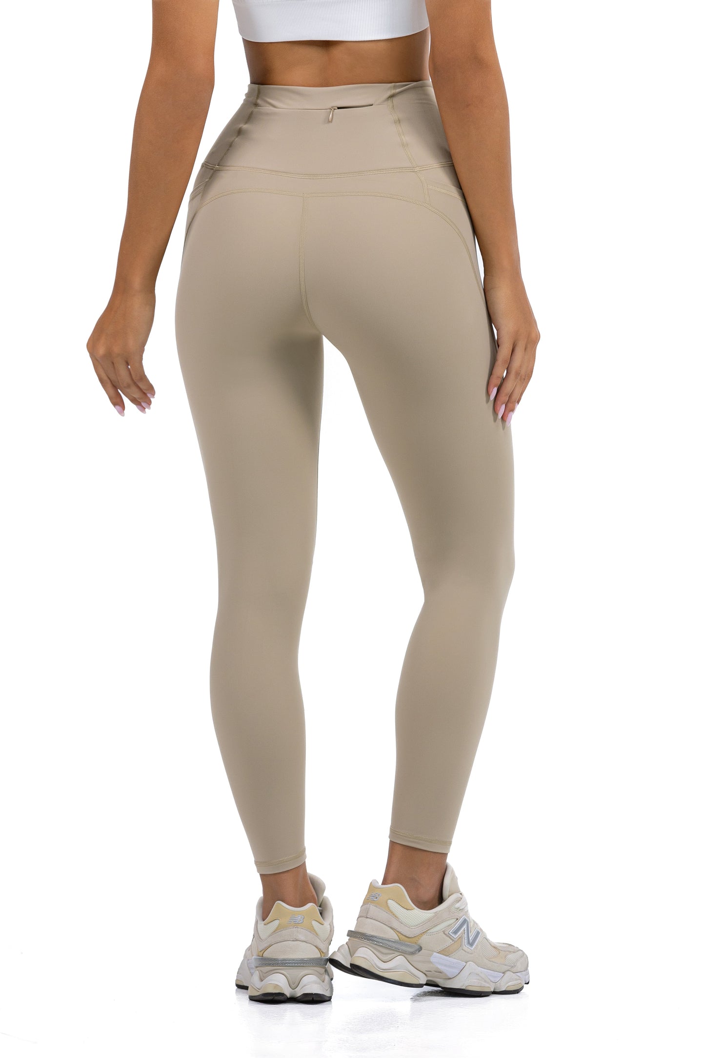 Active Fit Leggings in Beige, back view showing the seamed yoke and high waistband, Ascendia