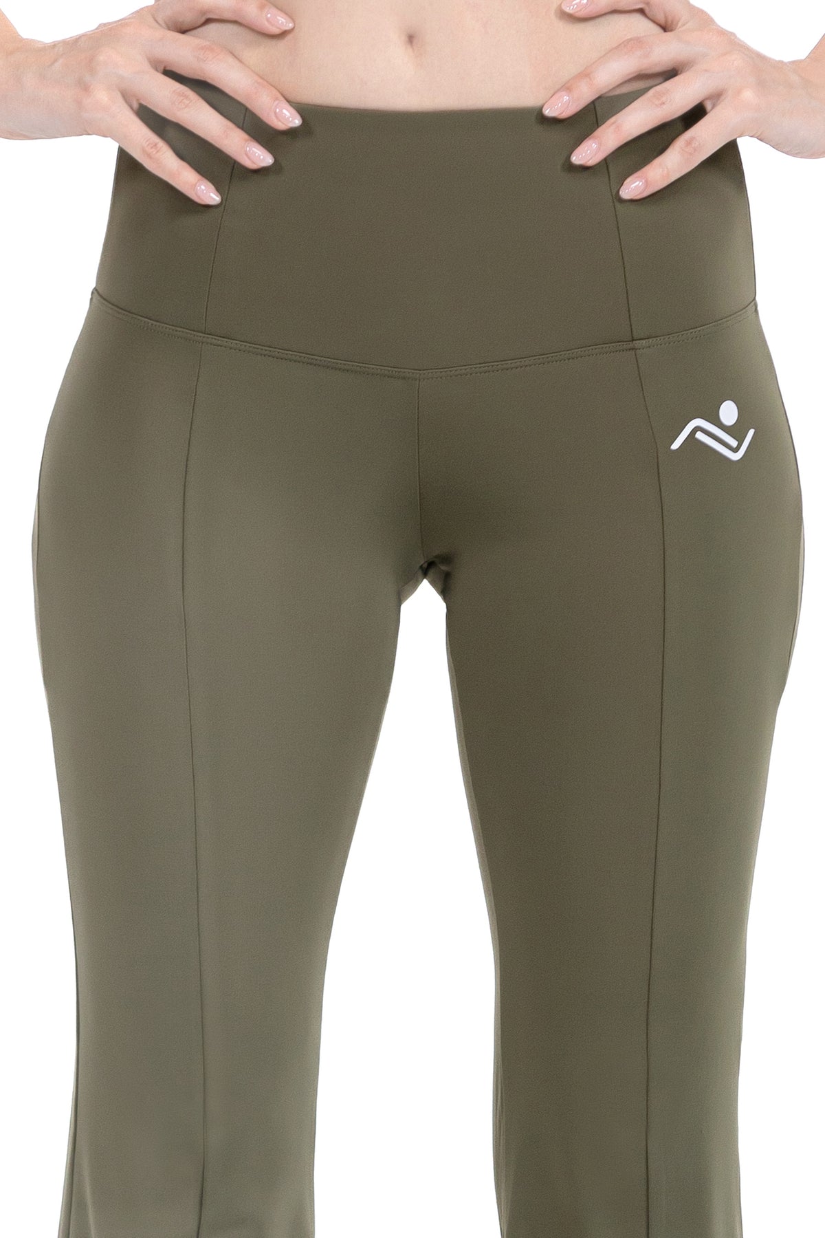 High Waist Wide Leg Pants in Olive, detail of the waistband and logo, Ascendia