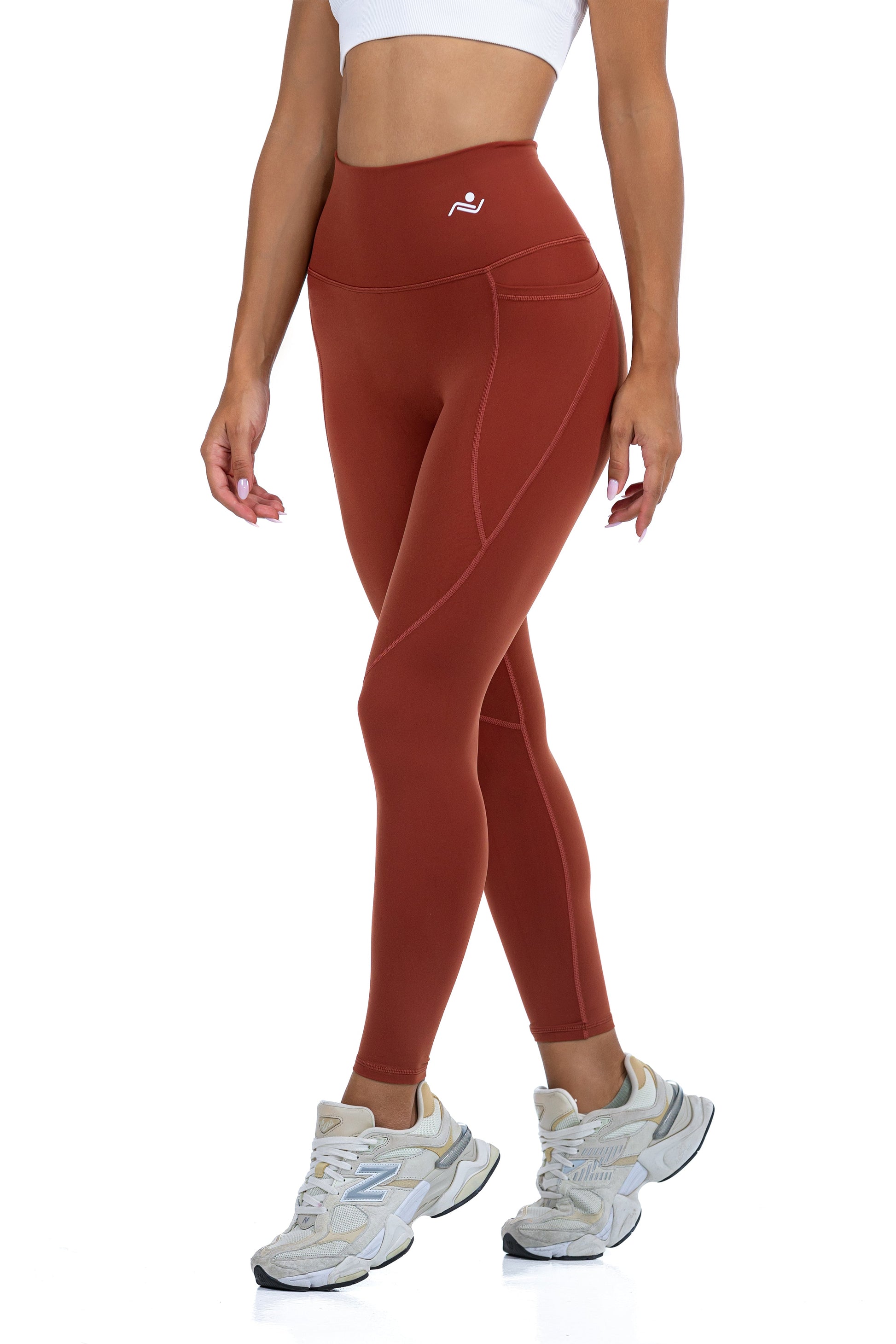 Active Fit Leggings in Brown, a rust shade, three-quarter front view on model, Ascendia