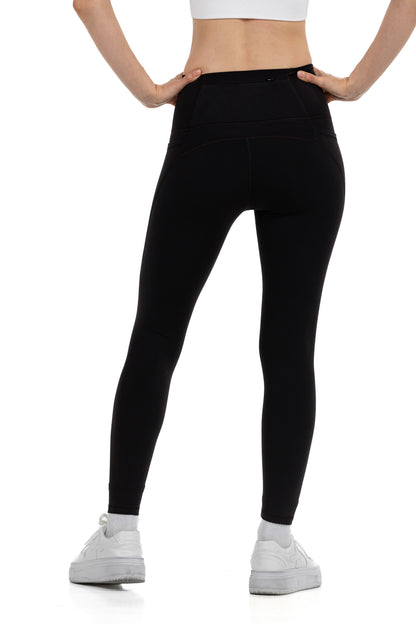 Active Fit Leggings in Black, back view showing the seamed yoke and waistband pocket, Ascendia