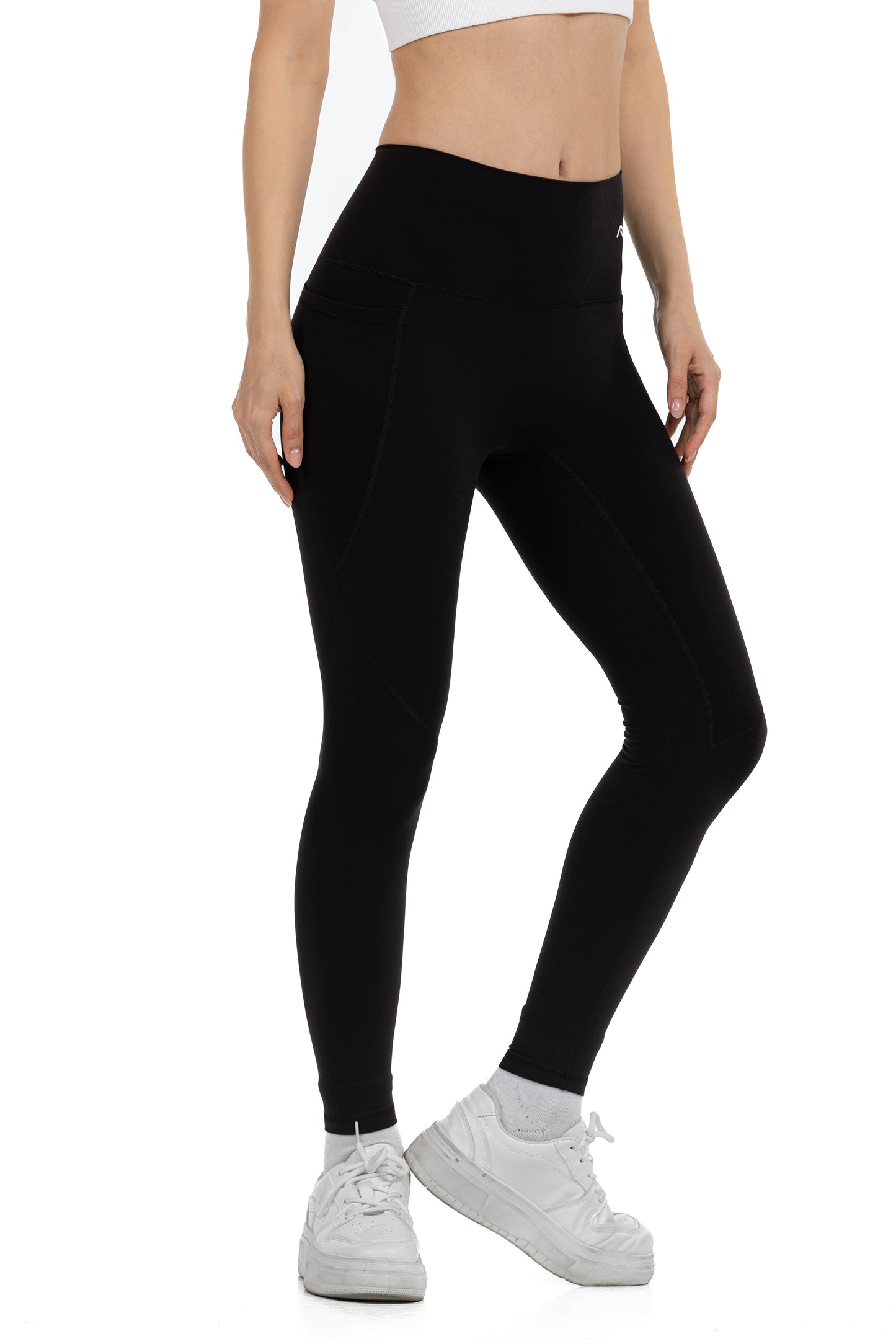 Active Fit Leggings in Black, three-quarter side view on model, Ascendia