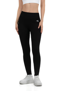 Seamless Lines Leggings in Black, full-length front view showing the ribbed lines and hip logo, Ascendia