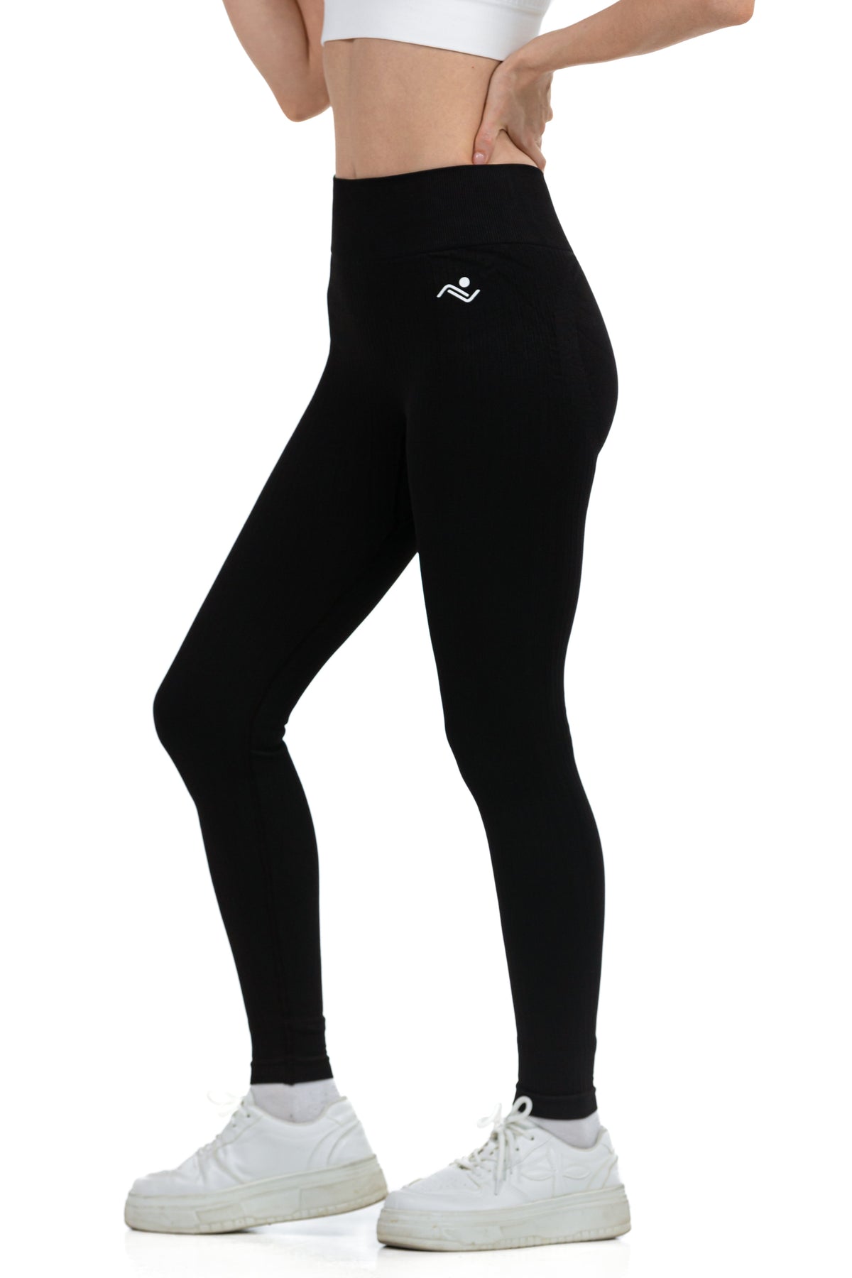 Seamless Lines Leggings in Black, side view on model, Ascendia
