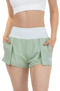 Women's Fitness Sport Shorts in Sage, front view on model, Ascendia