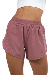 Women's 2-in-1 Running Shorts in Dusty Rose, front view on model, Ascendia