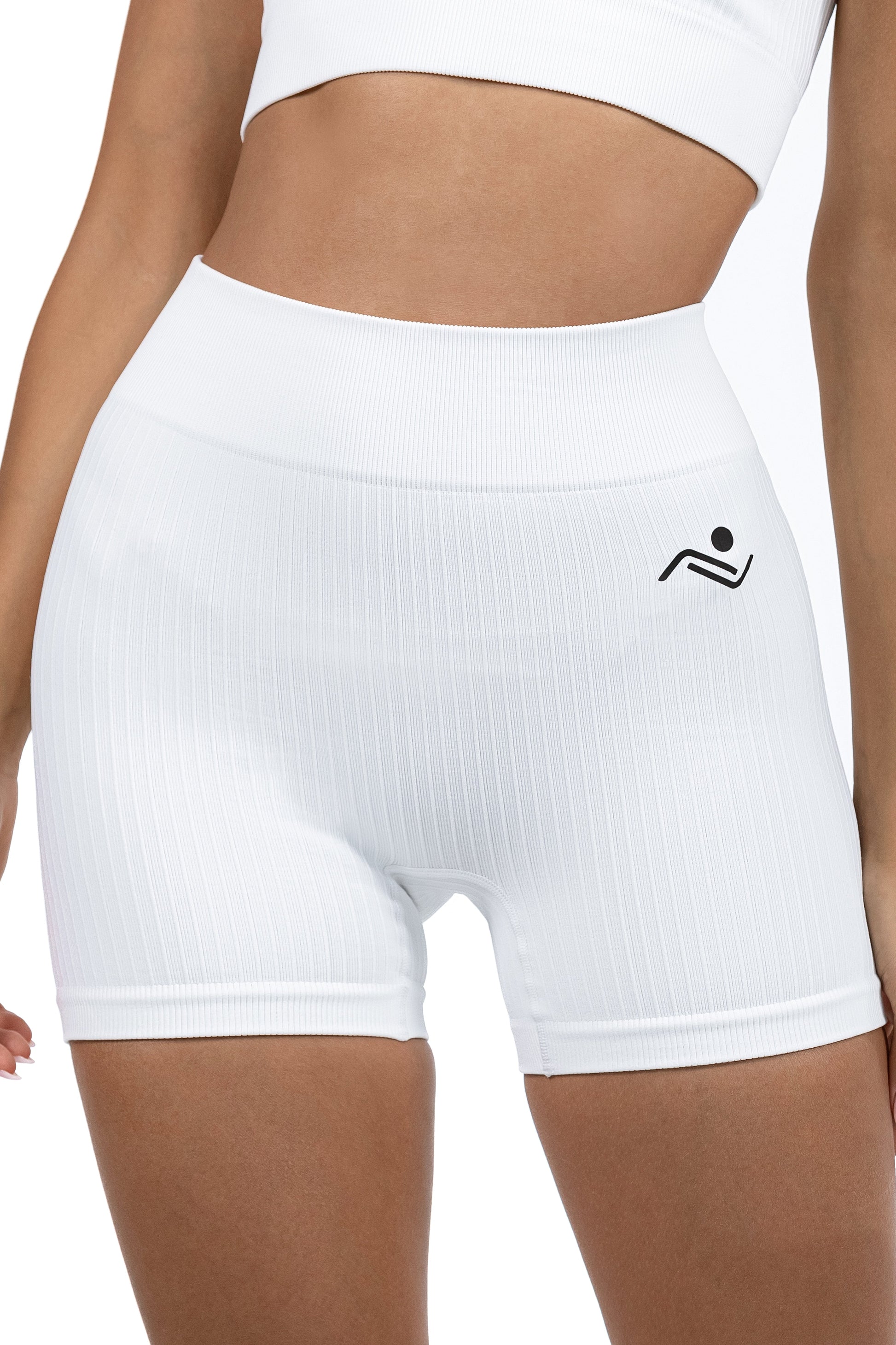 Shape Sculpt Fitness Shorts in White, front view with the logo on the right hip, Ascendia