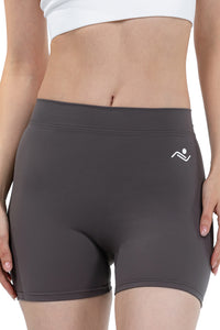 Push-Up Sports Shorts in Charcoal, front view on model showing the high waistband and hip logo, Ascendia