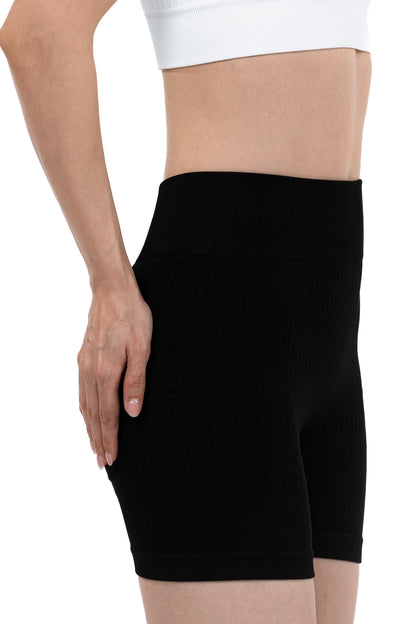 Shape Sculpt Fitness Shorts in Black, three-quarter side view showing the ribbed waistband, Ascendia