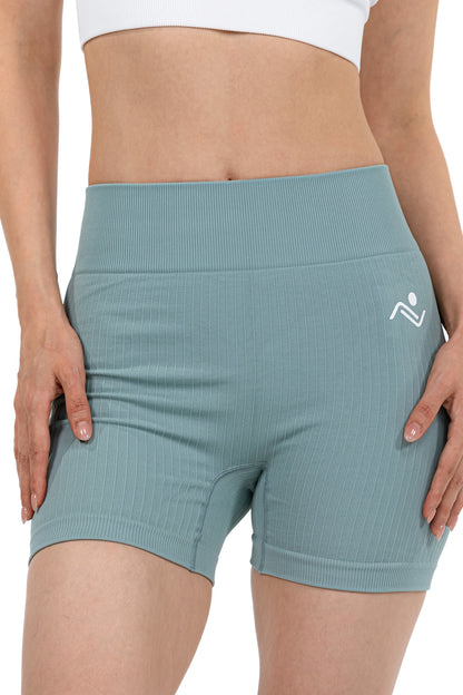 Shape Sculpt Fitness Shorts in Sage, front view with the logo on the right hip, Ascendia