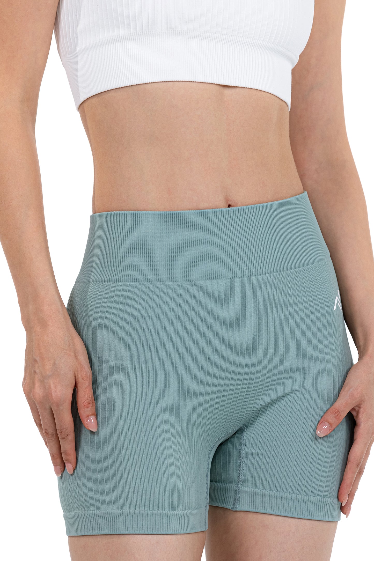 Shape Sculpt Fitness Shorts in Sage, three-quarter side view showing the ribbed waistband, Ascendia