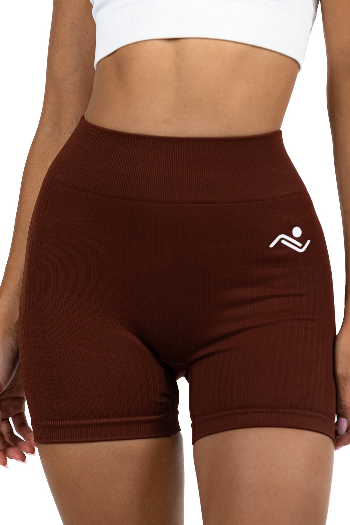 Shape Sculpt Fitness Shorts in Brown, front view with the logo on the right hip, Ascendia