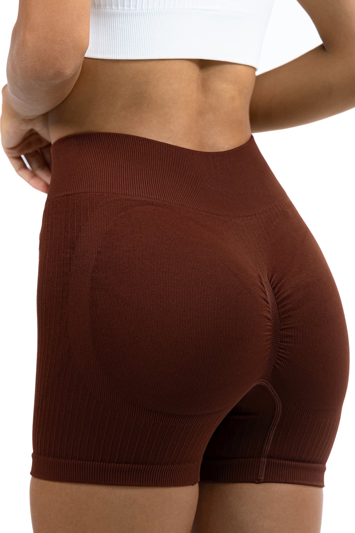 Shape Sculpt Fitness Shorts in Brown, back view showing the ruched seat and shaping panels, Ascendia