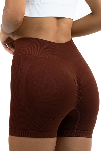 Shape Sculpt Fitness Shorts in Brown, back view showing the ruched seat and shaping panels, Ascendia