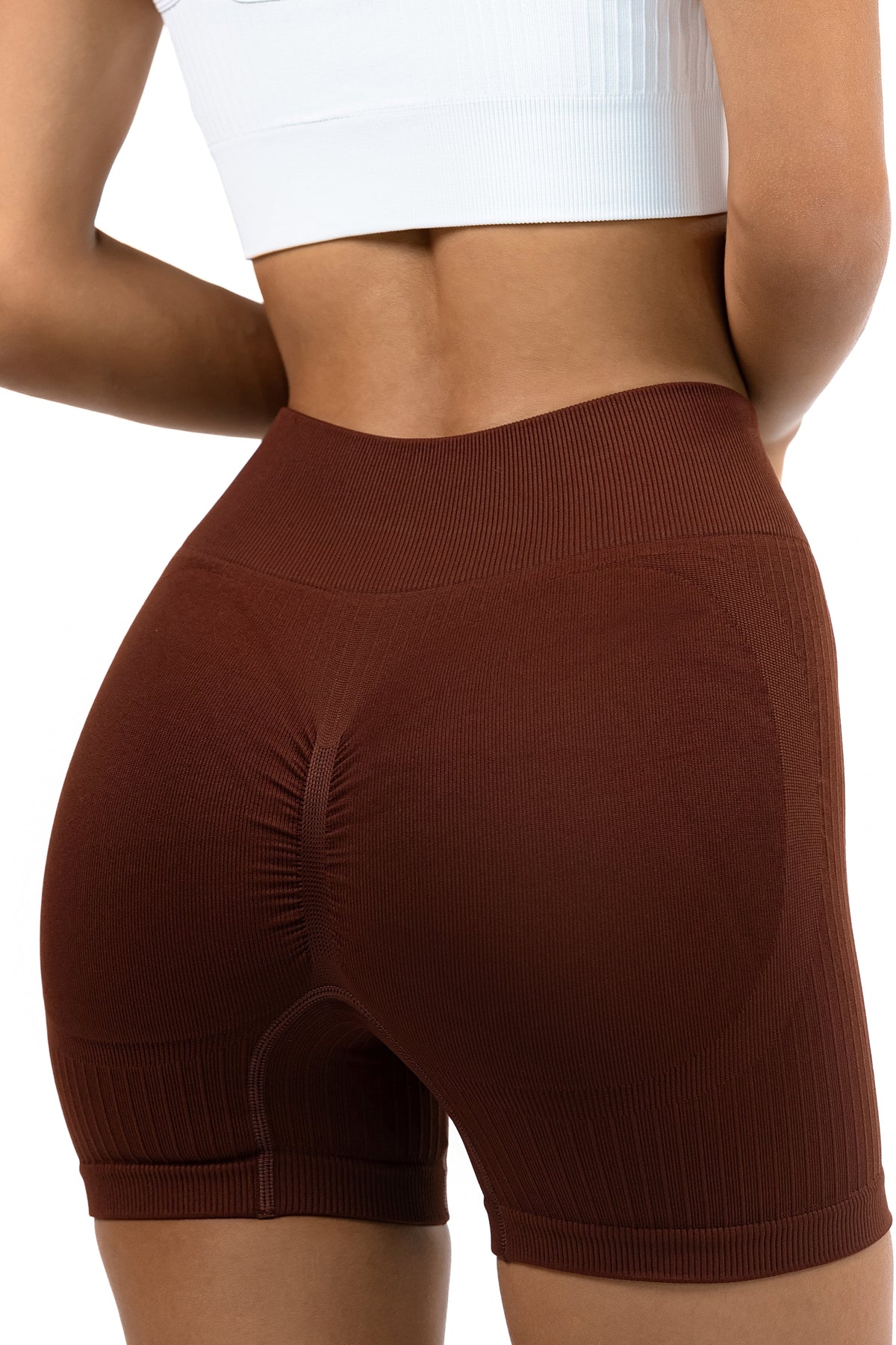 Shape Sculpt Fitness Shorts in Brown, three-quarter back view showing the ribbed waistband, Ascendia