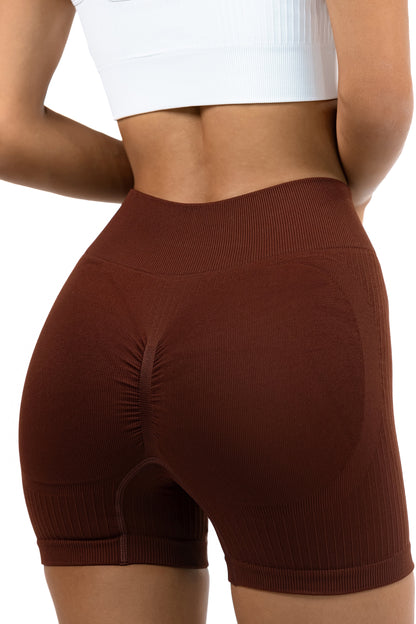 Shape Sculpt Fitness Shorts in Brown, three-quarter back view showing the ribbed waistband, Ascendia