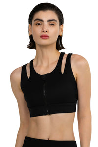 Zip-Front Sports Bra in Black, front view on model, Ascendia