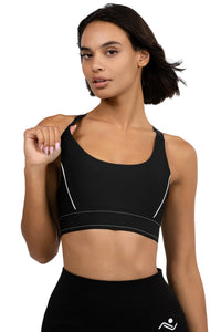 Padded Yoga Bra in Black, front view on model, Ascendia