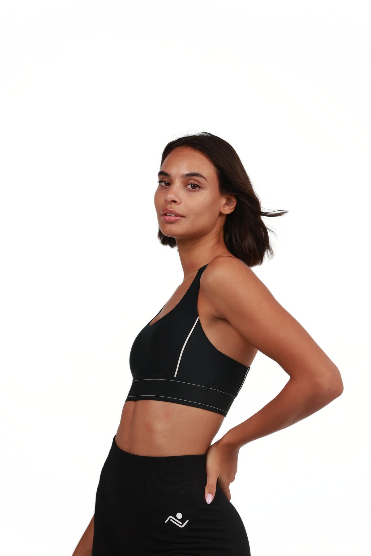 Padded Yoga Bra in Black, side view on model, Ascendia