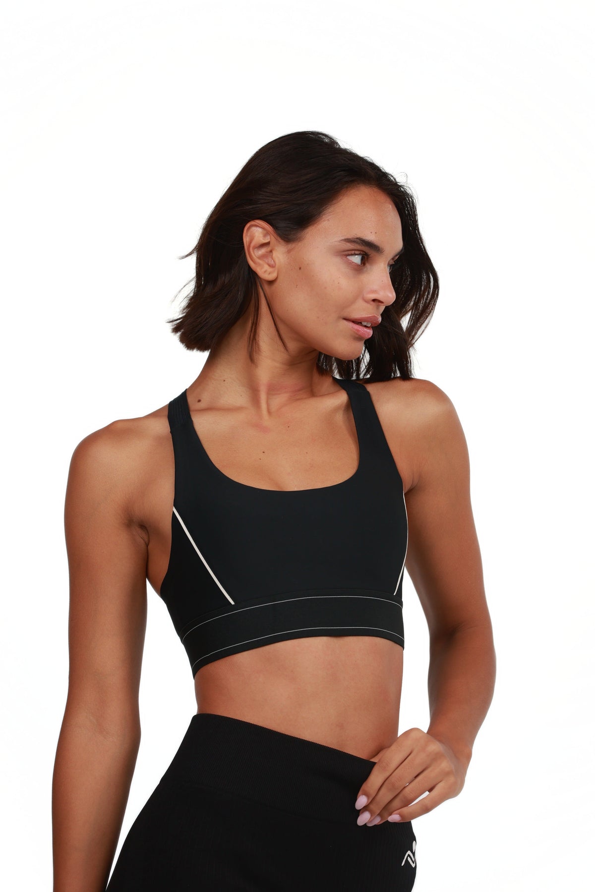 Padded Yoga Bra in Black, three-quarter view on model, Ascendia